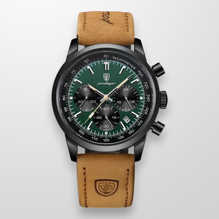 Hochwertige braune Herren Luxus Armbanduhr mit Leuchtzeigern, wasserdichtem Gehäuse und edlem Lederarmband.