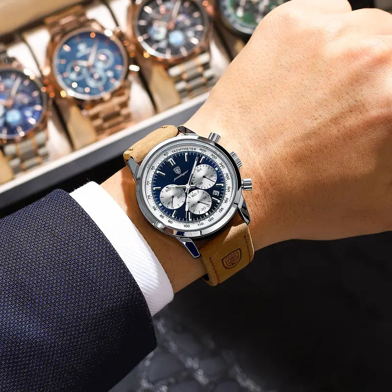 Moderne blaue Herren Luxus Armbanduhr, wasserdicht, mit Leuchtzeigern, ideal für Business und Freizeit.
