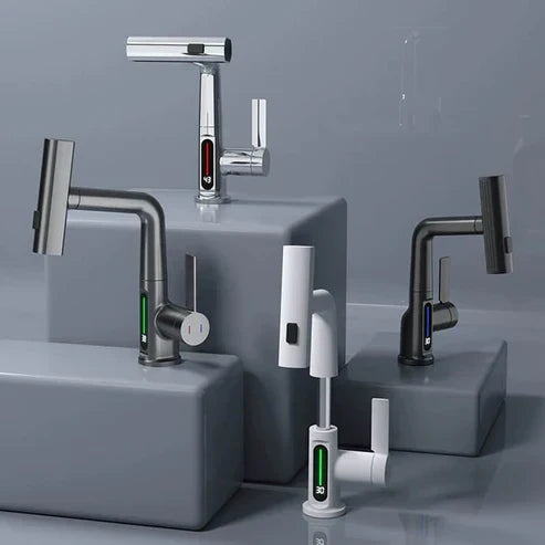 Wassersparender, flexibler Bad- & Küchenarmatur mit LED-Temperaturanzeige für effiziente Nutzung.