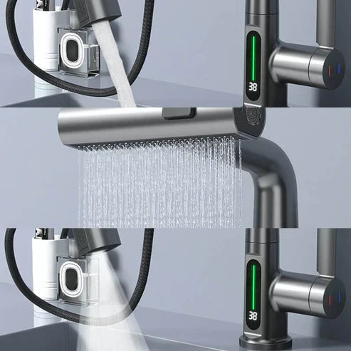 Langlebiger Küchen-Wasserhahn mit LED-Temperaturanzeige, flexibel, schwenkbar und ausziehbar.