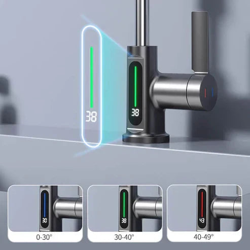 Eleganter, schwenkbarer Wasserhahn mit flexibler Brause und LED-Temperaturanzeige für moderne Bäder.