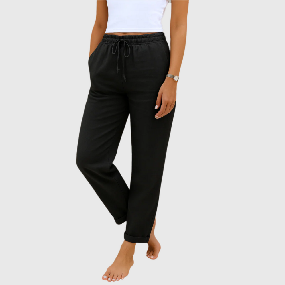 Detailansicht der Damen Stretchhose mit weichem Elastikbund für optimalen Komfort und Bewegungsfreiheit.