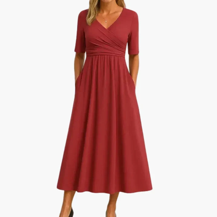 Elegantes Damen Festliches Midikleid mit V-Ausschnitt & Halbarm. Perfekt für Hochzeiten, Feiern & Alltag.