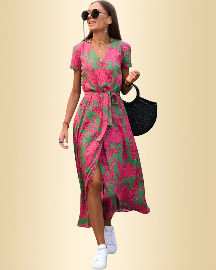 Elegantes Damen Wickelkleid mit Blumenmuster, Kurzarm, perfekt für Sommer und Freizeit.
