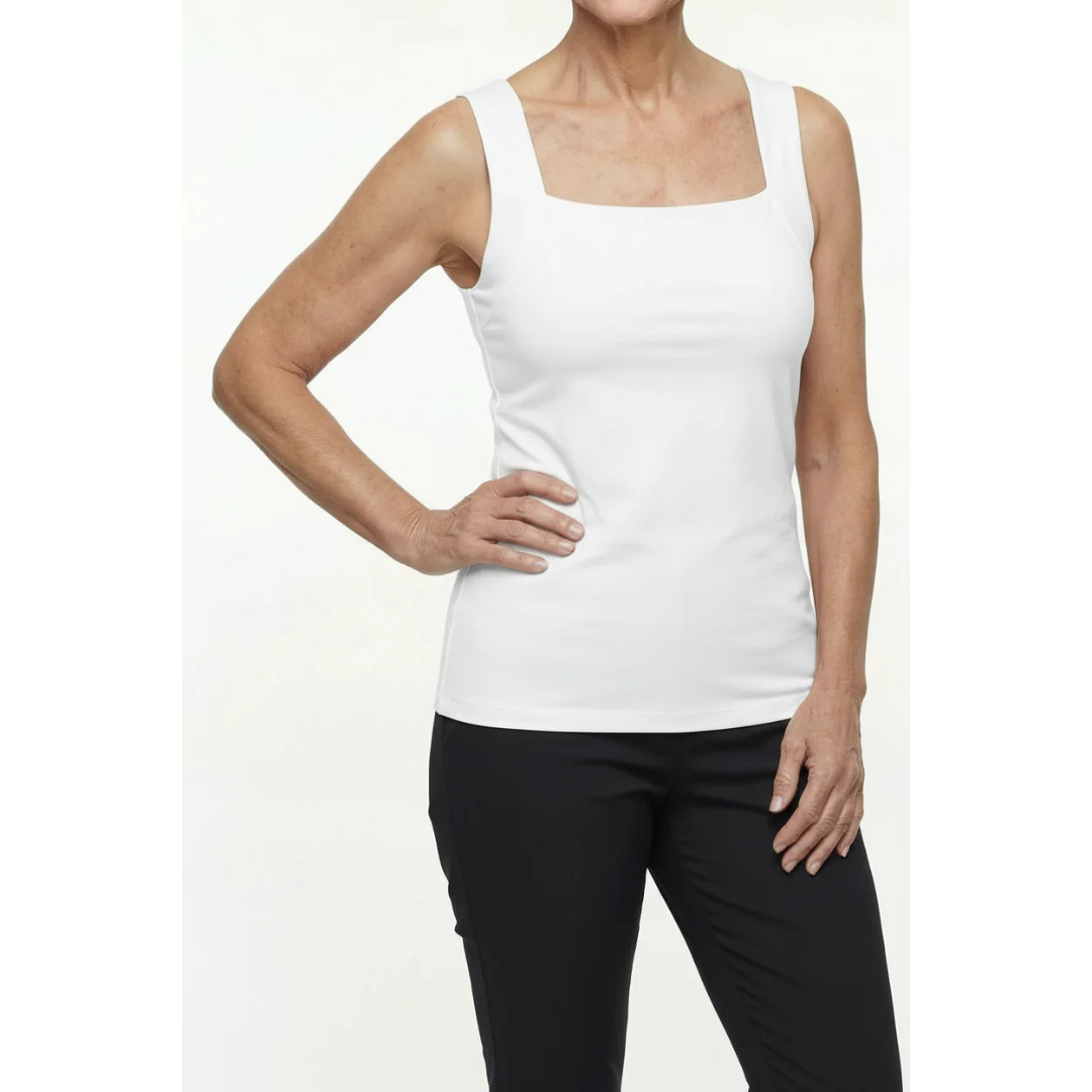 Modernes Damen Tanktop mit stützendem Sport-BH, ideal unter Blusen oder solo tragbar.