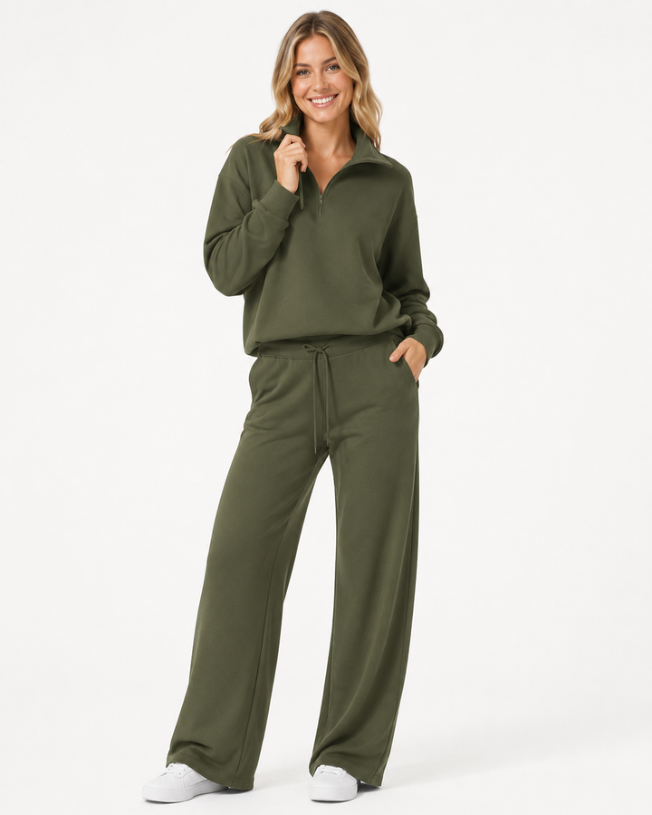 Stylischer Damen Zweiteiler: Sweatshirt mit Reißverschlusskragen & bequeme weite Hose. Sportlich elegant.