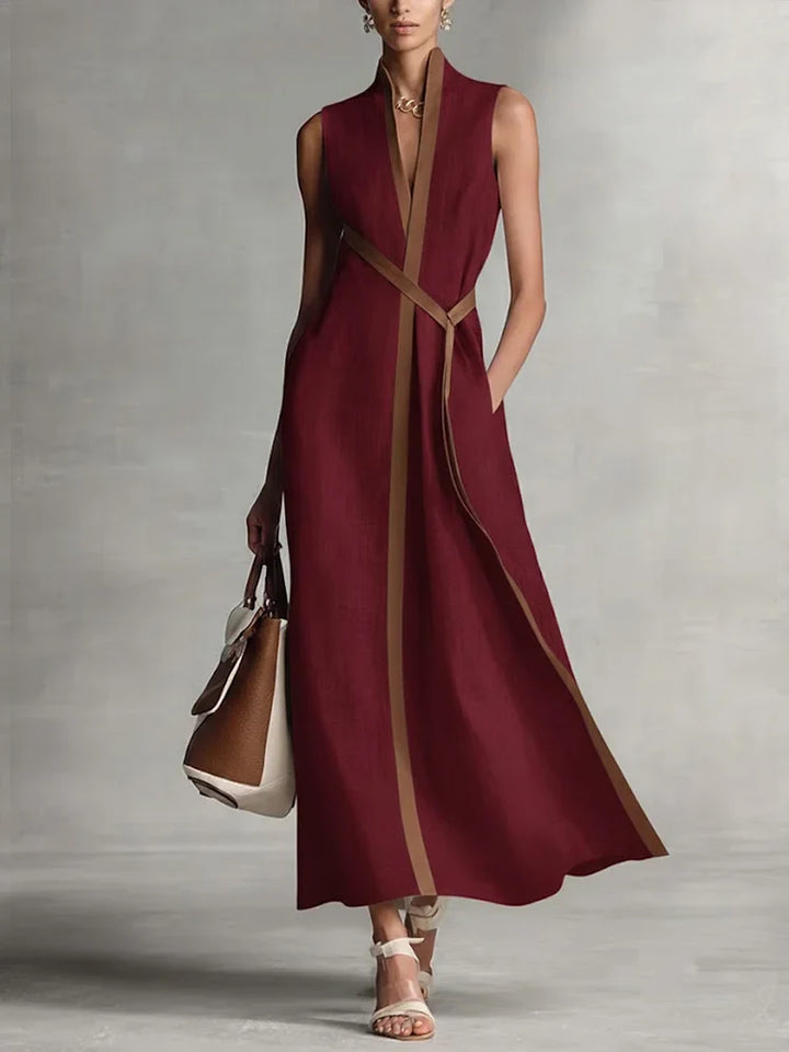 Schickes Damen Maxikleid mit Stehkragen und Bindegürtel, ein luftiges, ärmelloses Sommer- und Urlaubskleid.