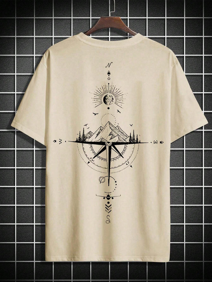 Nahaufnahme des Herren T-Shirts "Gipfelblick" mit eindrucksvoller Berglandschaftsgrafik, kurzärmlig und modern.