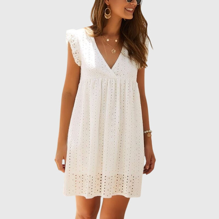 Damenmode: Entspanntes Sommer Mini-Kleid mit V-Ausschnitt, kurz und ärmellos, ideal für Lässigkeit.