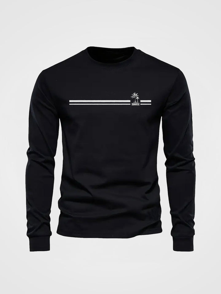 Bequemes Herren T-Shirt, langärmlig, mit modischem Palmenmuster und Streifen-Design.