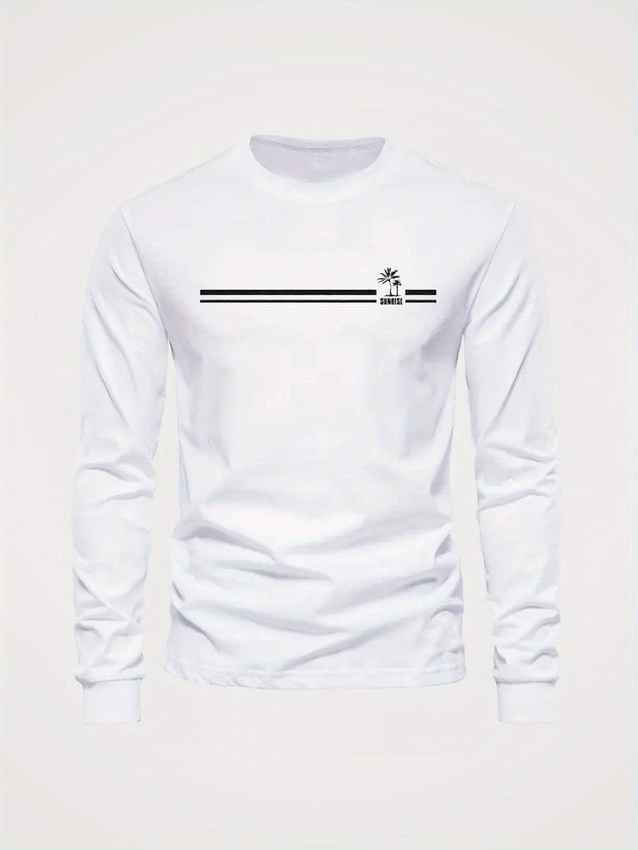 Casual Herrenmode: Langarmshirt mit Rundhals und einzigartigem Palmenprint, ideal für jeden Tag.