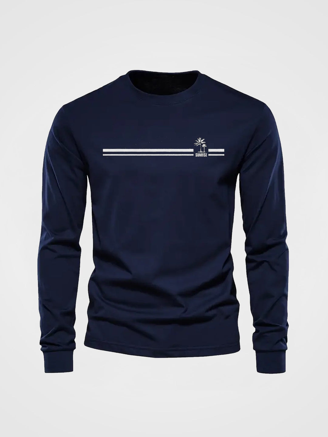 Vielseitiges Herren Langarm T-Shirt mit maritimem Palmen-Streifen-Muster. Perfekt für Freizeit.