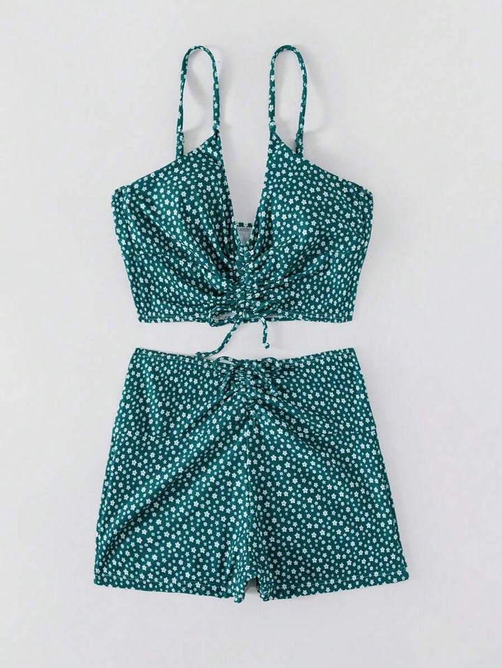Modernes Damen Marielle Bikini Set in blau-grün mit Blumenmuster für entspannte Urlaubstage.