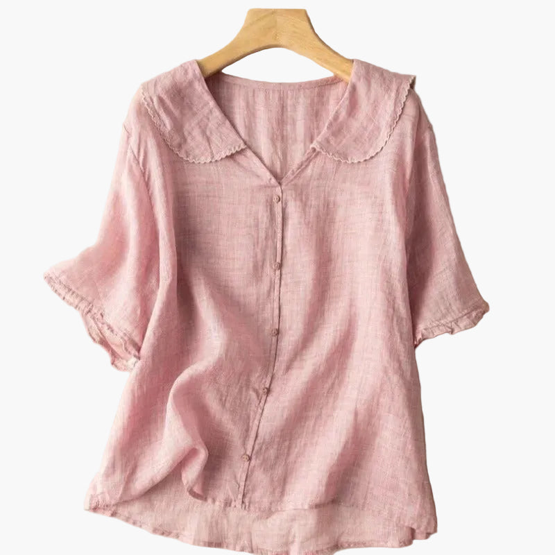 Bequeme Vintage Damenbluse mit Bubikragen und Kurzarm, lockere Passform, perfekte Sommerbluse für viele Anlässe.