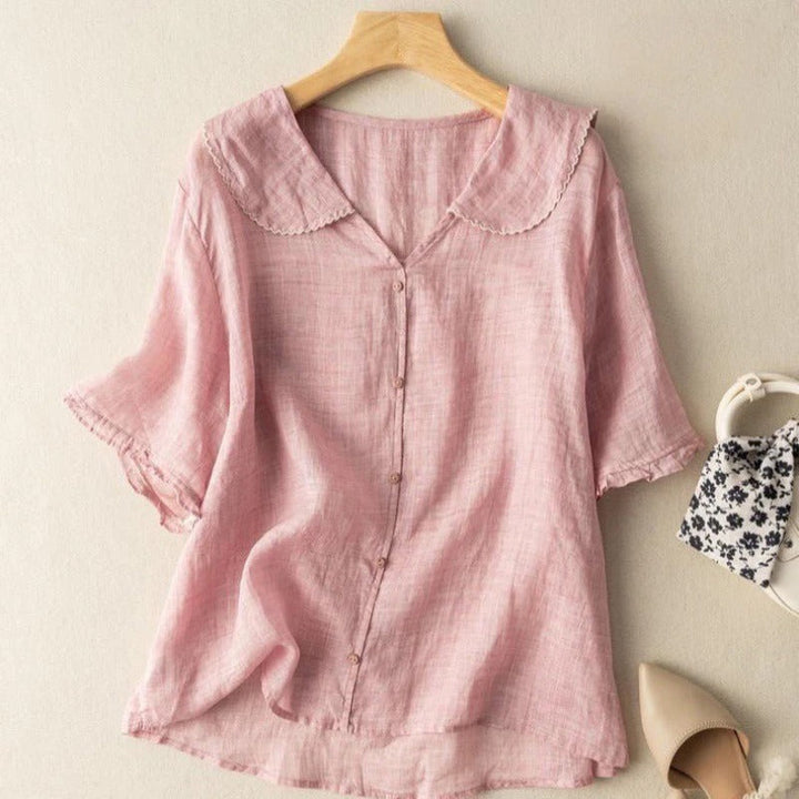 Modische Damen Kurzarm-Bluse, elegant & bequem. Stilvolles Oberteil mit einzigartigem Wellenkragen Design.
