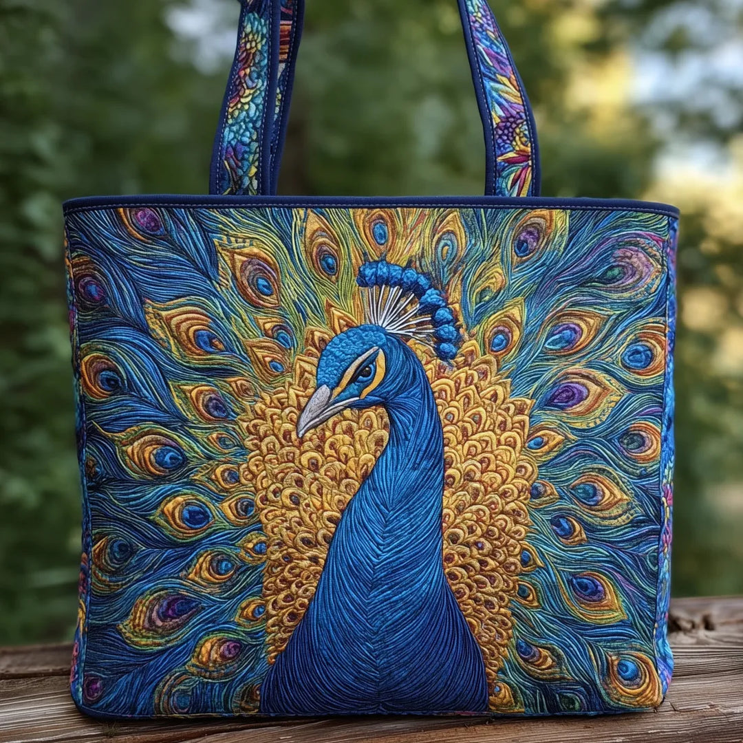 Handgefertigte Damen Tragetasche mit elegantem Pfauenmuster. Einzigartige Baumwoll-Polyester Alltags-Handtasche.