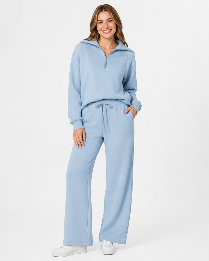 Damen Sweatshirt & weite Hosen Set mit Reißverschlusskragen. Gemütlicher Freizeitanzug für Alltag & Homeoffice.
