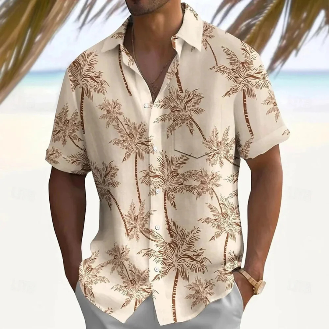 Bequemes Herren Sommerhemd mit Palmenprint und Knöpfen. Atmungsaktives Kurzarmhemd, ideal für Freizeit & Strand.