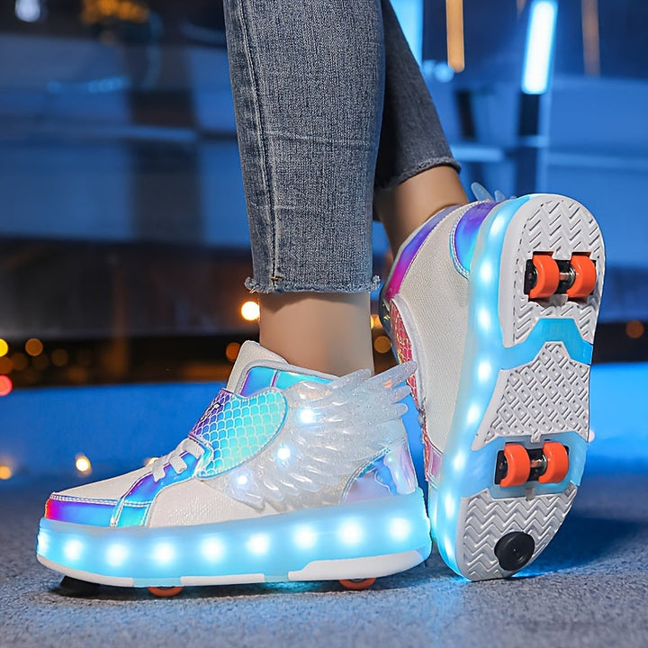 Coole Sneakers mit Rollen & hellen LEDs, Flügel-Design, vielseitige Kinderschuhe für Spielen & Sport im Freien.