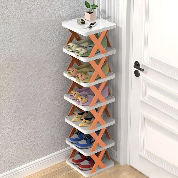 Modernes, faltbares Schuhregal in schlichtem Design zur platzsparenden Schuhaufbewahrung.