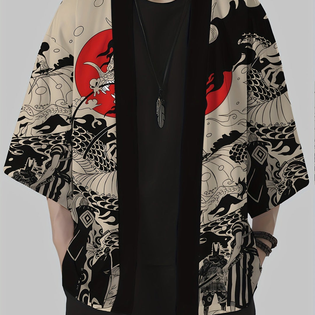 Stylischer Herren Kimono Cardigan mit lebhaftem japanischem Drachen & Samurai Print. Bequeme Streetwear für Männer.