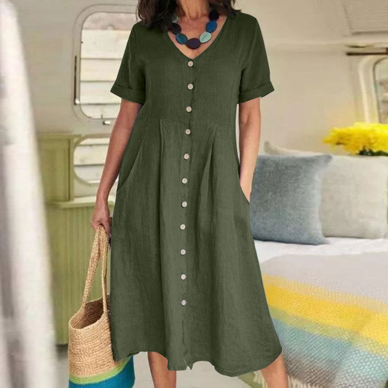 Damen Sommerkleid V-Ausschnitt mit Knopfleiste. Locker geschnittenes Midikleid, bequem und elegant.