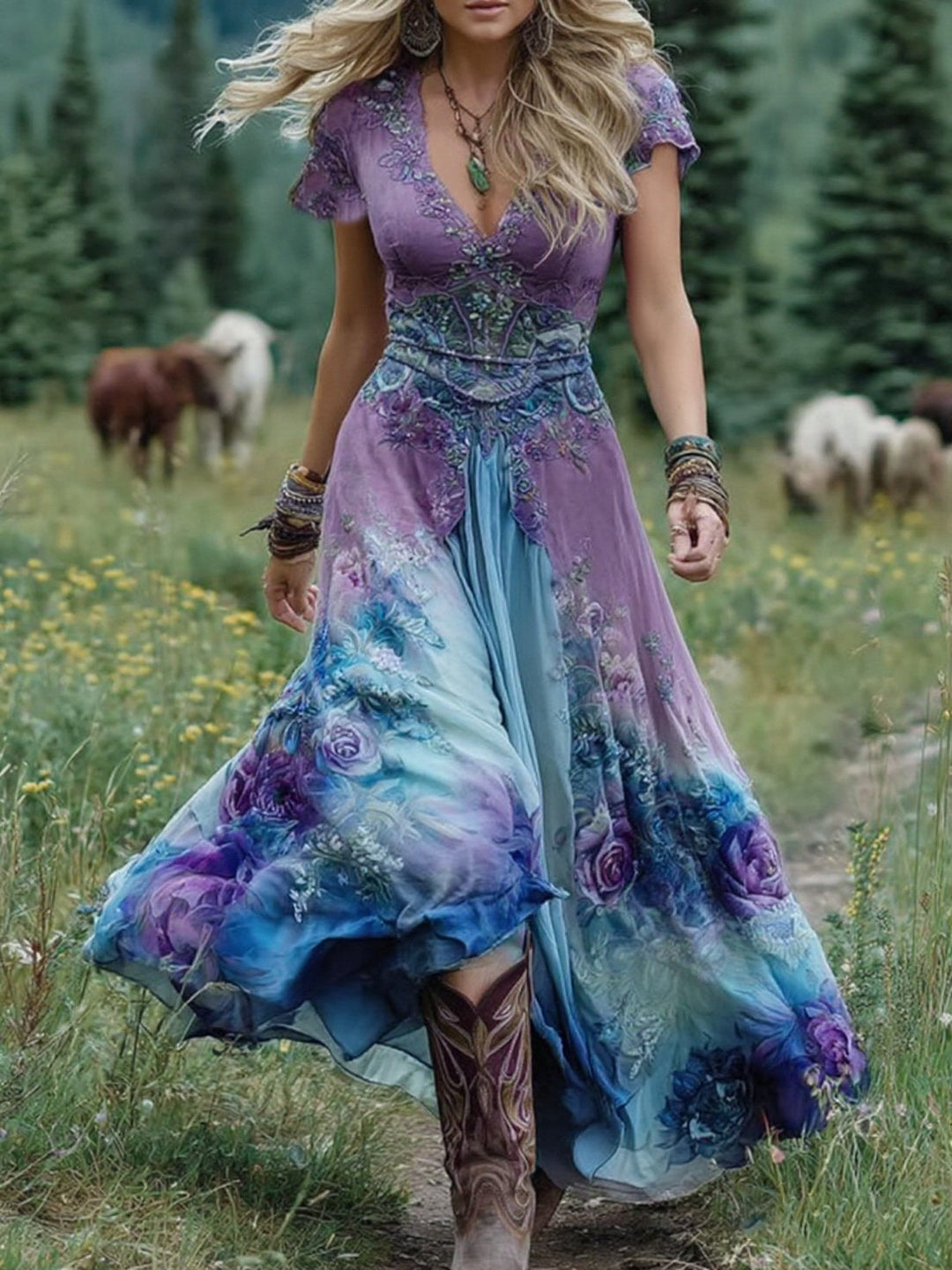 Figurbetontes Damen Maxikleid, tailliert, mit Kurzarm, V-Ausschnitt und wunderschöner Blumenstickerei.