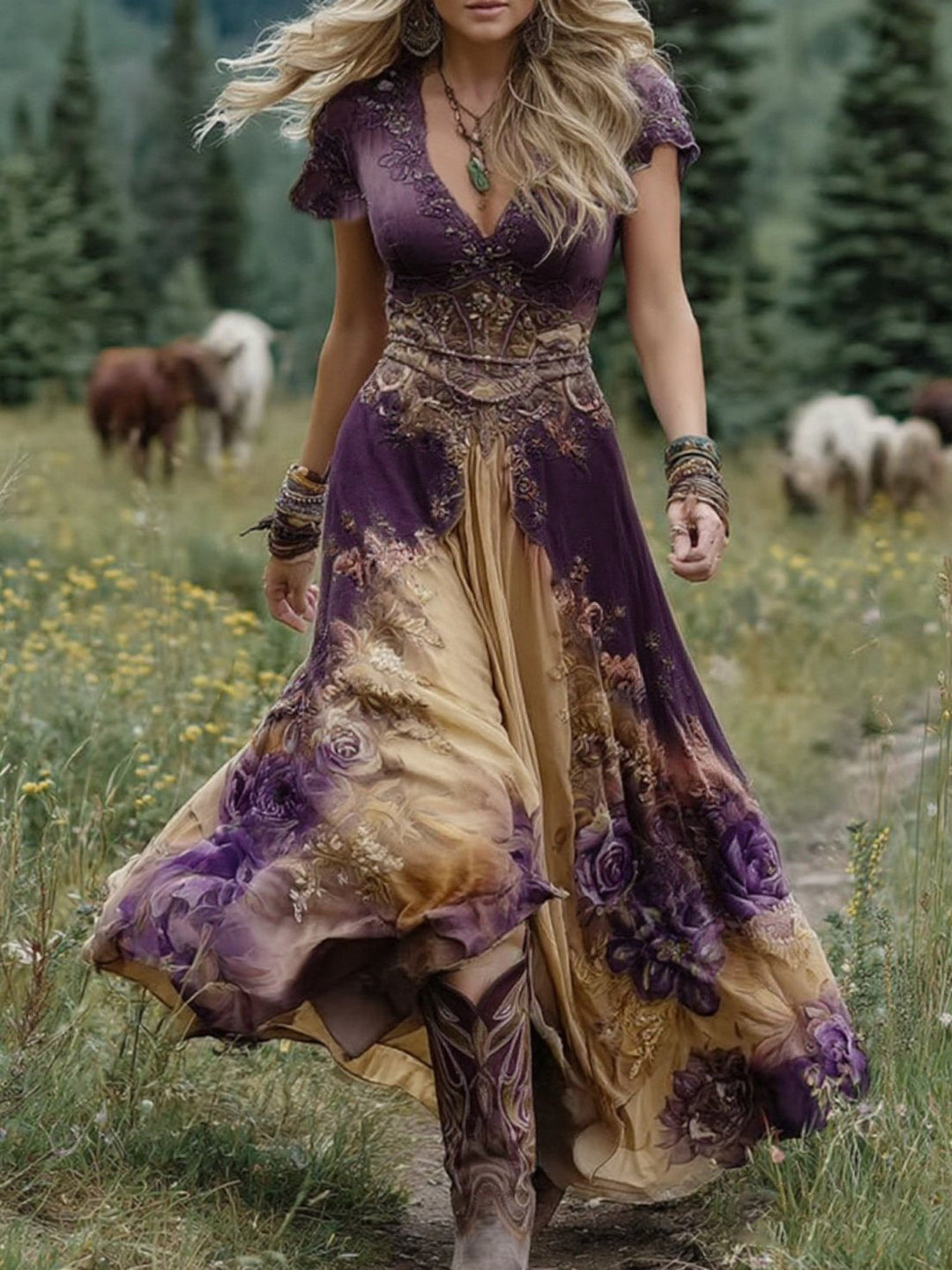 Atemberaubendes Damen Maxikleid mit tiefem V-Ausschnitt, exquisiter Blumenstickerei, perfekt als Abendkleid.