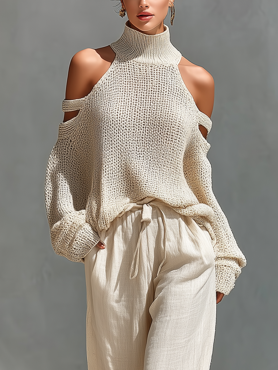 Damen Off-Shoulder Turtleneck Top und passende weite Hose im beigen Co-Ord Set. Komfortable Herbst/Frühlingsmode.
