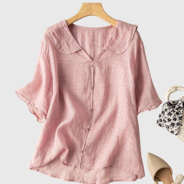 Vielseitige Damen Knopfbluse Sophie, kurzärmlig. Modisch für Business, Freizeit und sommerliche Anlässe.