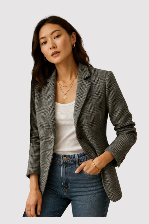 Eleganter langer Damen Blazer kariert für einen stilvollen Casual-Look, perfekt als Übergangsjacke.