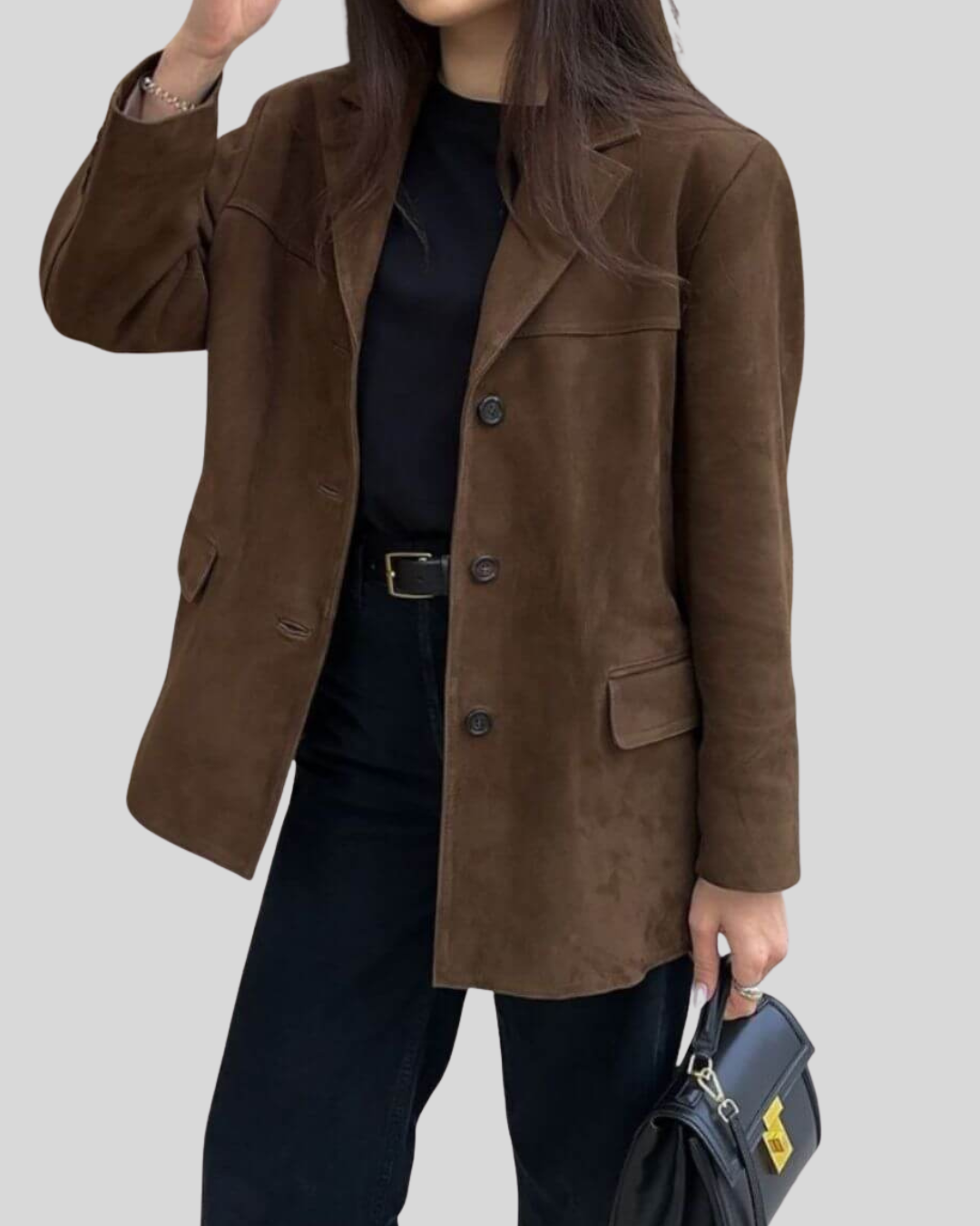 Damen Vintage Blazer in Kastanienbraun, elegant und vielseitig für Business & Freizeit Mode.