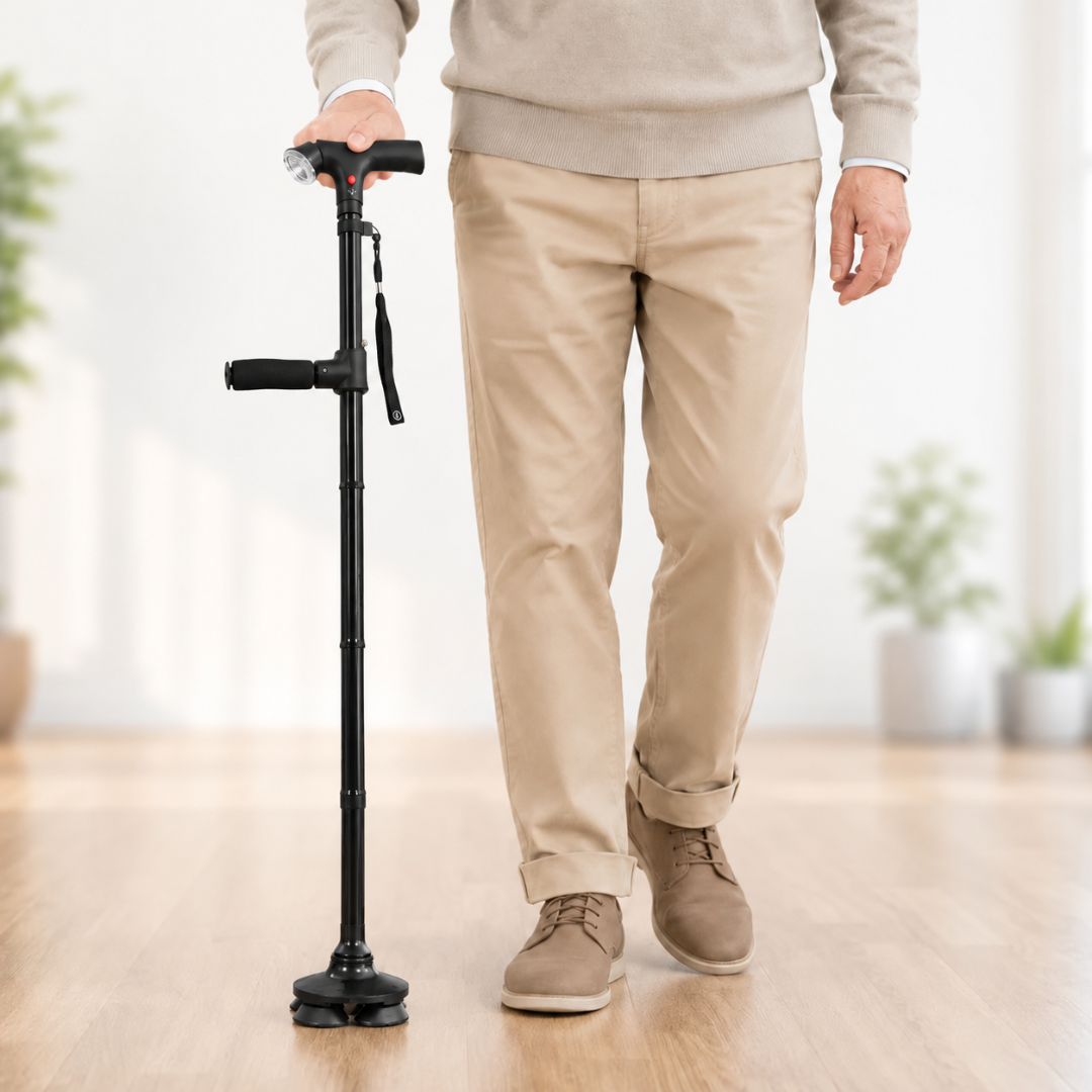 Ergonomischer Gehstock, schwarz, mit stabiler Vierfuss-Basis & Aluminium-Schaft für sicheren Halt.