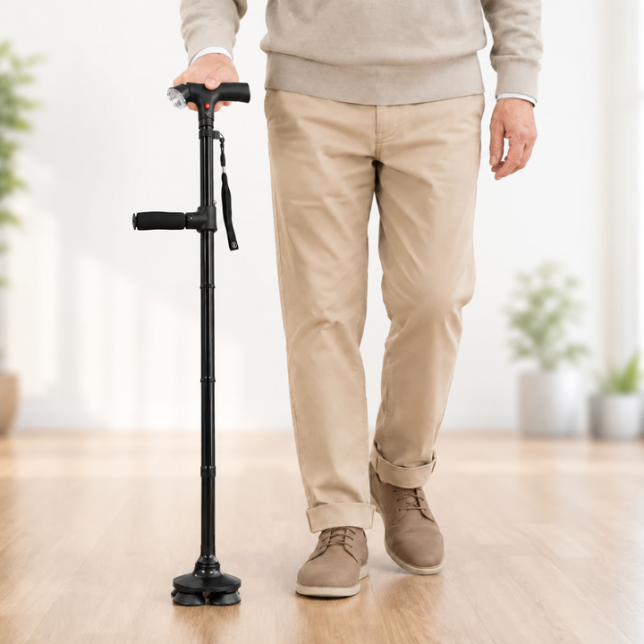 Ergonomischer Gehstock, schwarz, mit stabiler Vierfuss-Basis & Aluminium-Schaft für sicheren Halt.