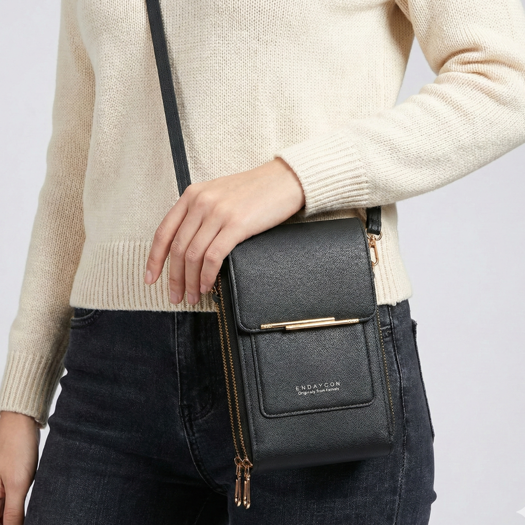 Elegante Crossbody Damentasche aus PU-Leder mit Touchscreen-Handyfach und Reißverschluss.