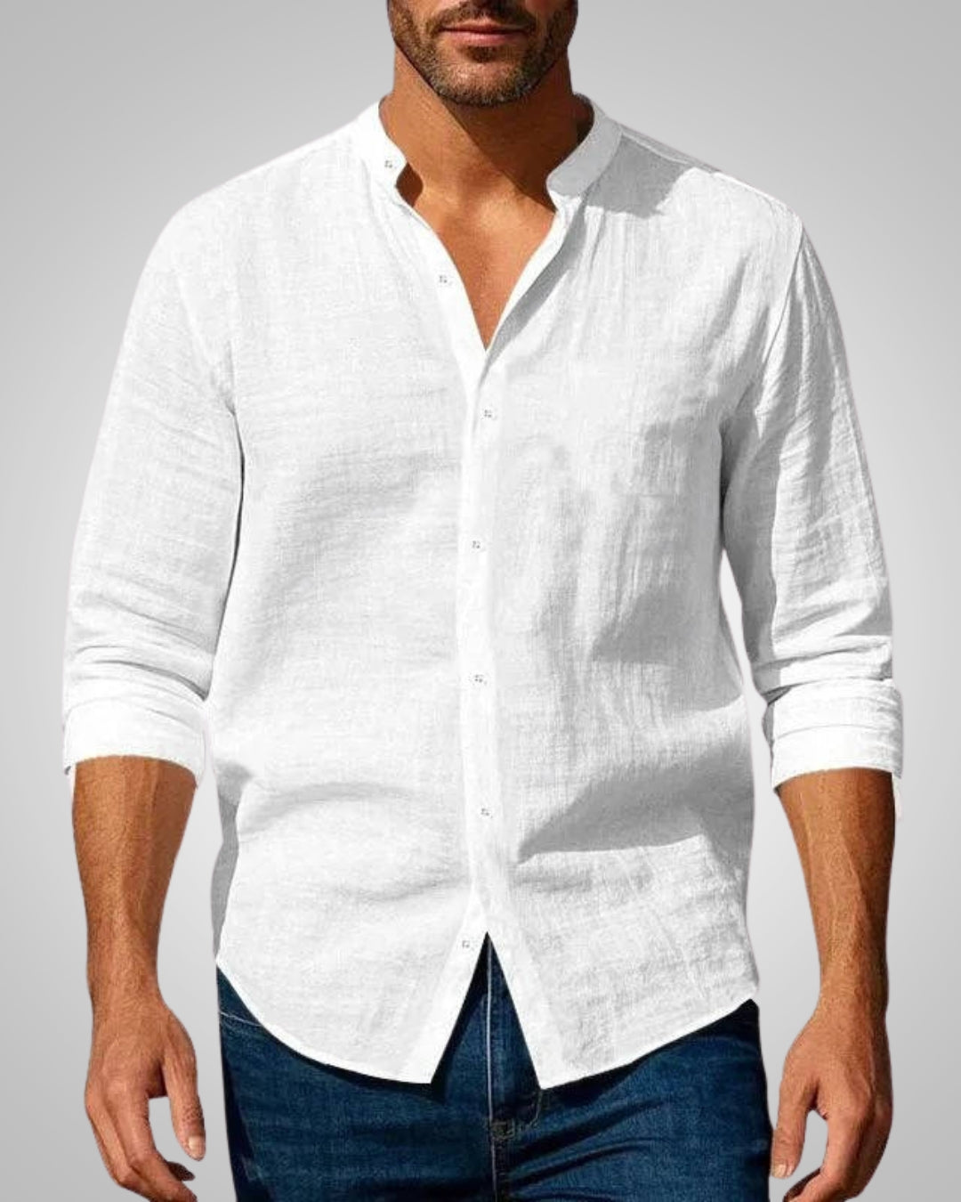 Graues Herren Sommerhemd mit Stehkragen & Slim Fit Design. Langarm Freizeitkleidung für einen modernen Casual-Look.