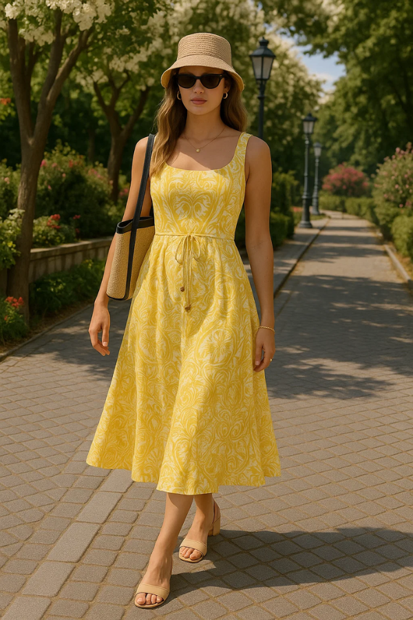 Gelbes ärmelloses Damen Maxikleid mit elegantem Blumenmuster, A-Linie und stilvollem Quadrat-Ausschnitt, ideal für Sommerurlaub.