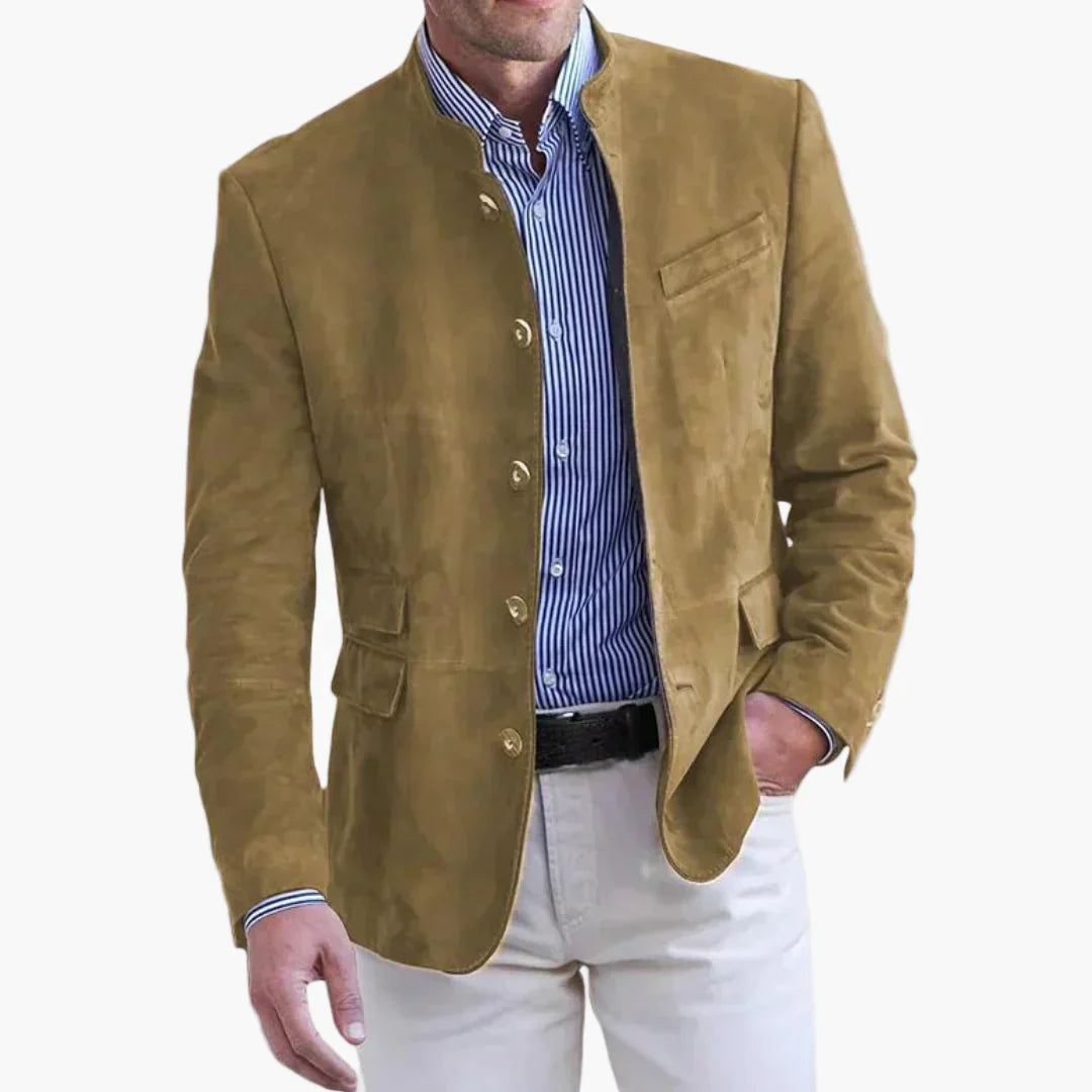 Moderne blaue Herren Stehkragenjacke. Perfekt für Smart Casual & vielseitige Alltags-Herrenmode.