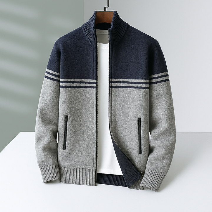 Herren Strickjacke mit Reißverschluss in Marinegrau. Bequemer Cardigan für den Alltagsstil, ideal für Freizeit & Herrenmode.