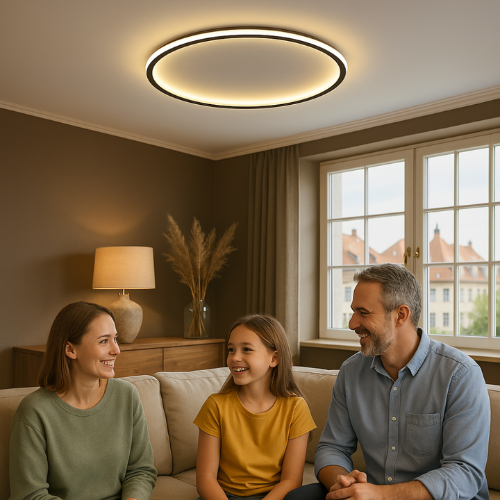 Runder LED-Deckenstrahler im Skandi-Stil, dimmbar, für helle und warme Atmosphäre.