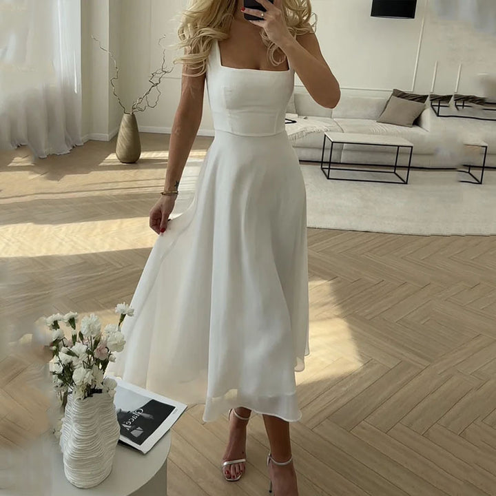 Elegantes Damen Festliches Midikleid mit Karree-Ausschnitt, perfekt für Hochzeitsgäste oder Anlässe.