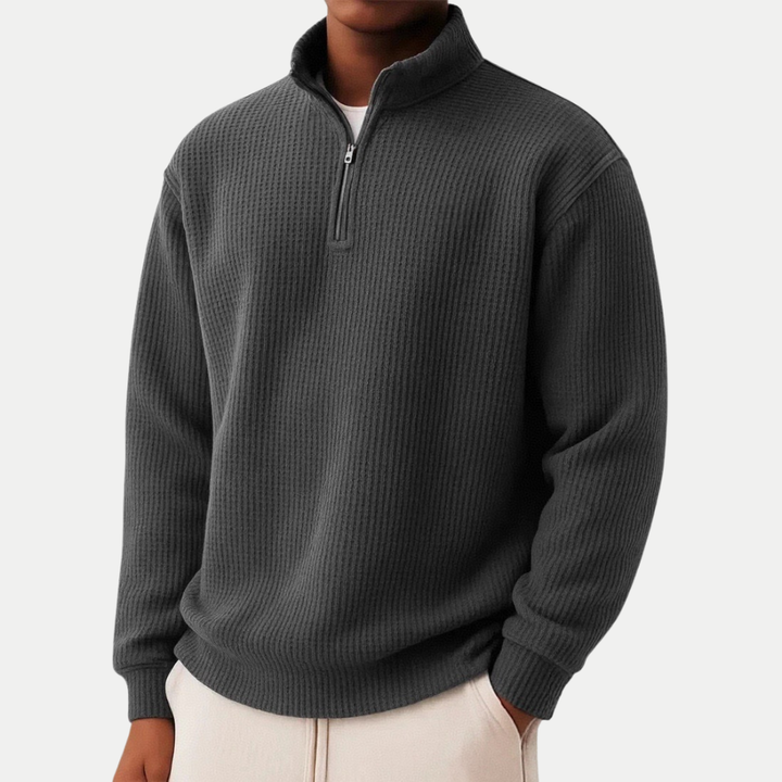 Moderner Herren Strickpullover mit Reißverschluss und Stehkragen, vielseitiges Langarm-Oberteil für Männer.