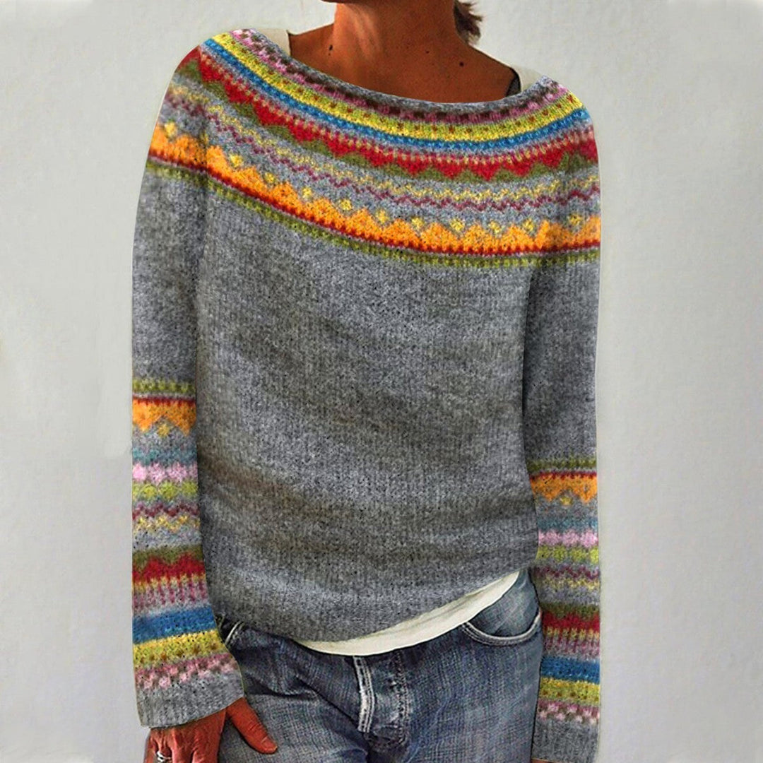 Farbenfroher nordischer Strickpullover für Damen, gemütliche Wintermode im Retro-Stil.