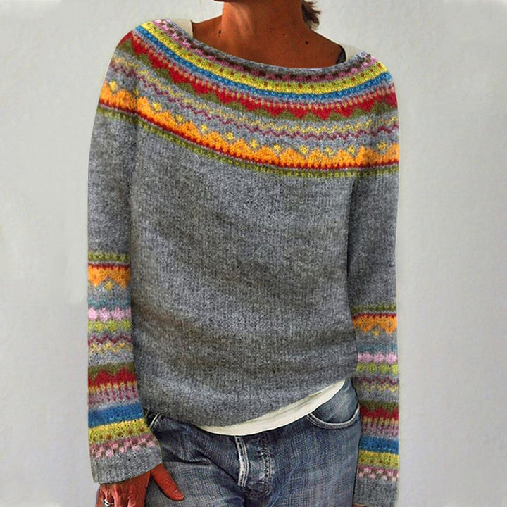 Farbenfroher nordischer Strickpullover für Damen, gemütliche Wintermode im Retro-Stil.