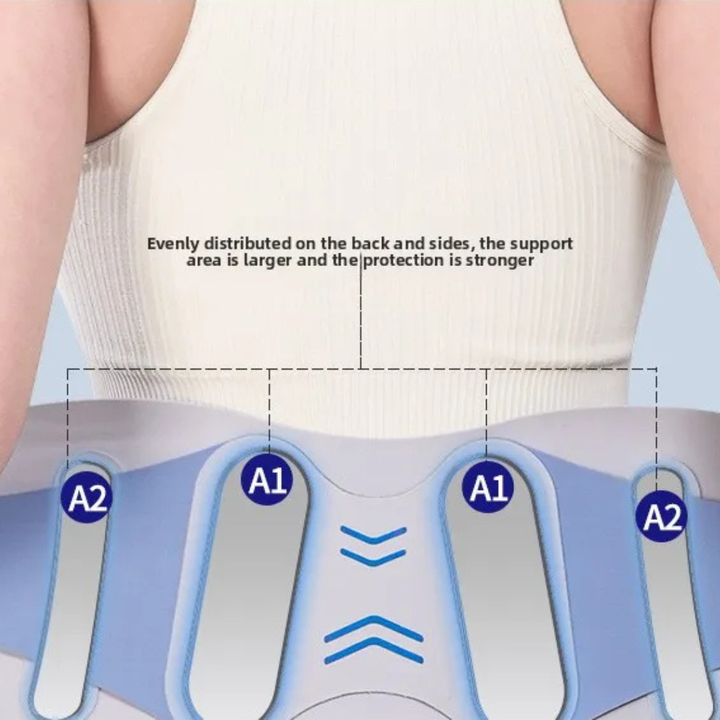 Ergonomische Lendenwirbelstütze zur Verbesserung der Körperhaltung und Reduzierung von Rückenschmerzen, verstellbar, blau.