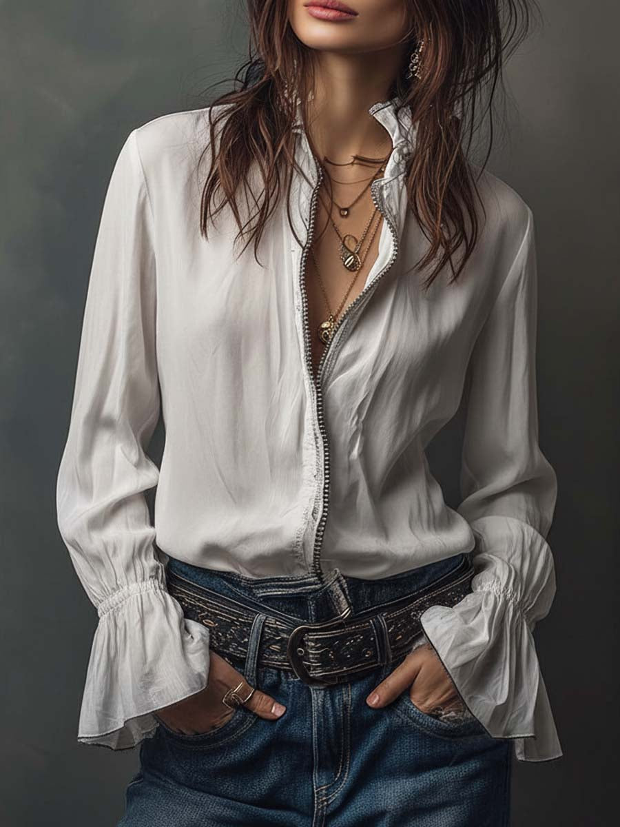 Elegante Damen Langarmbluse mit wandelbarem Reißverschlussausschnitt & modischen Volantmanschetten. Vielseitige Business Bluse.