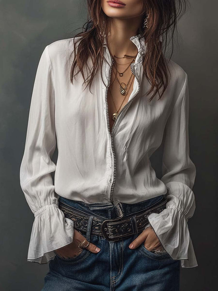 Elegante Damen Langarmbluse mit wandelbarem Reißverschlussausschnitt & modischen Volantmanschetten. Vielseitige Business Bluse.