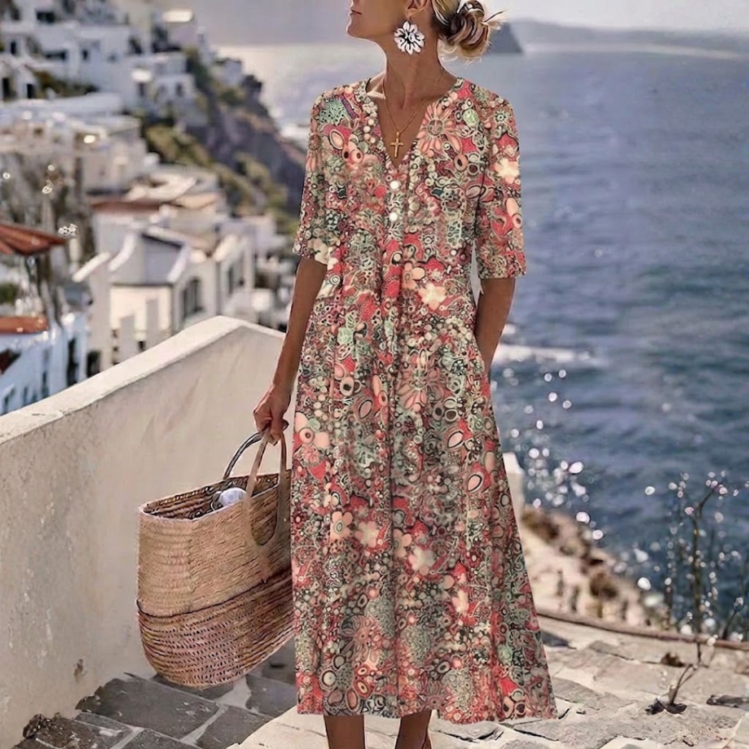 Elegantes rotes Sommer-Midikleid für Damen mit V-Ausschnitt und Bauchbedeckung, ideal für Freizeit oder Abend.