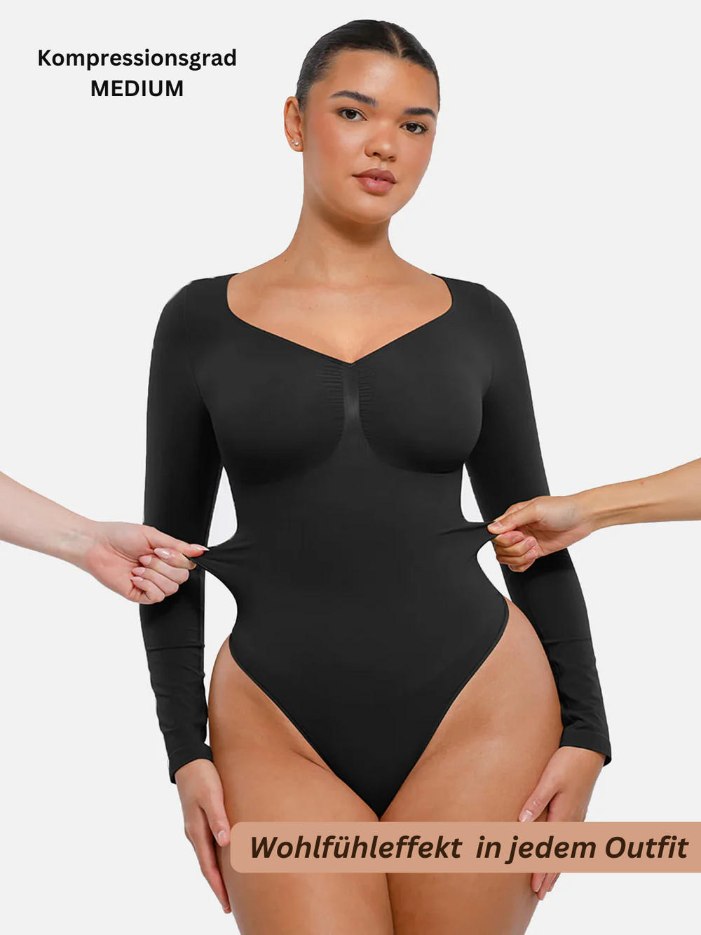Eleganter, unsichtbarer Langarm Bodysuit für Damen, figurformend & bauchweg, in klassischem Schwarz.