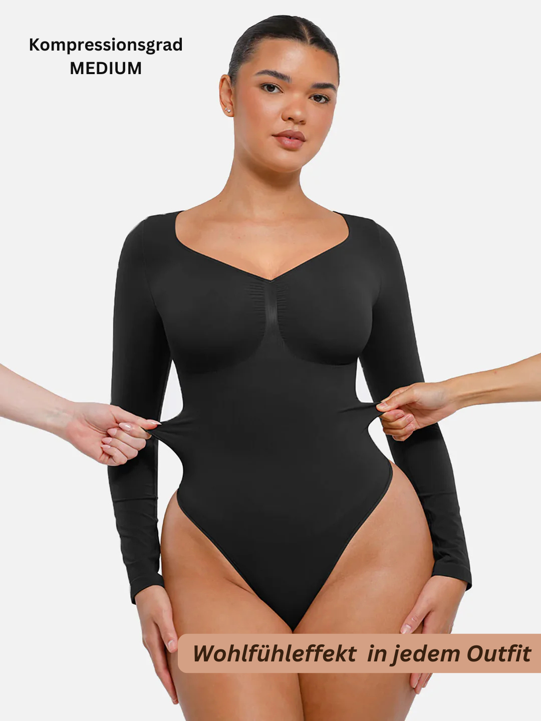 Eleganter, unsichtbarer Langarm Bodysuit für Damen, figurformend & bauchweg, in klassischem Schwarz.